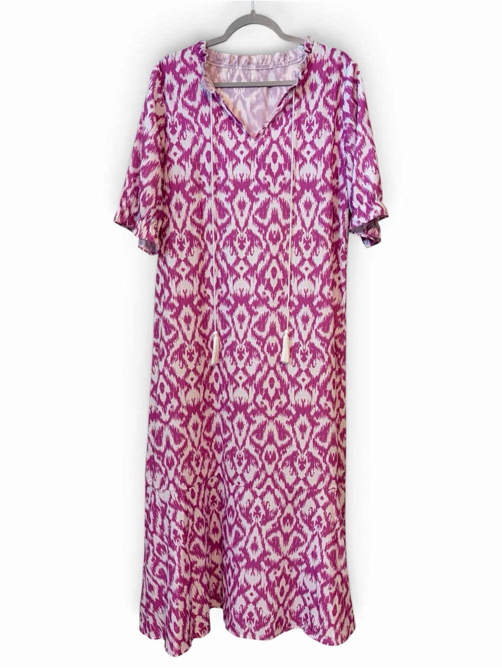 Magenta Boho Ikat Tassel Maxi Dress Women’s Size XL Flowy Caftan